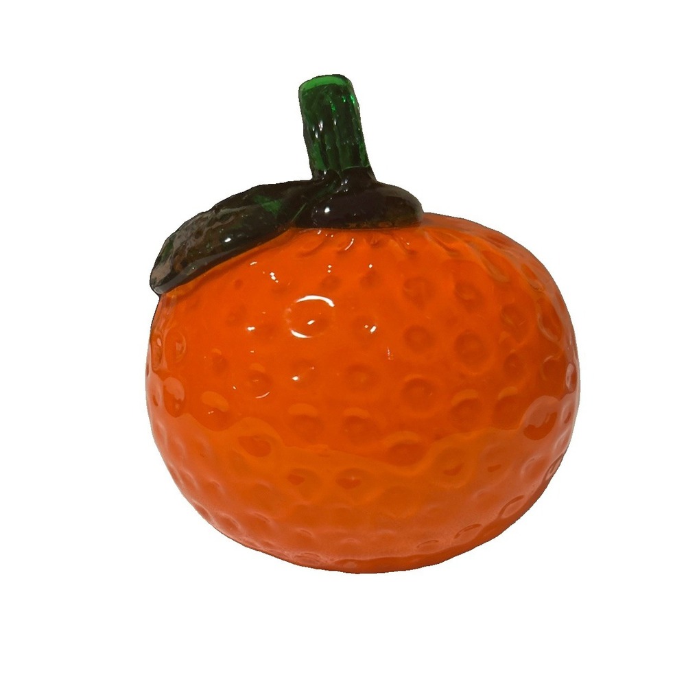 Vintage Murano-Style hand Blown Glass Textured Citrus Orange Green Steam & Leaf